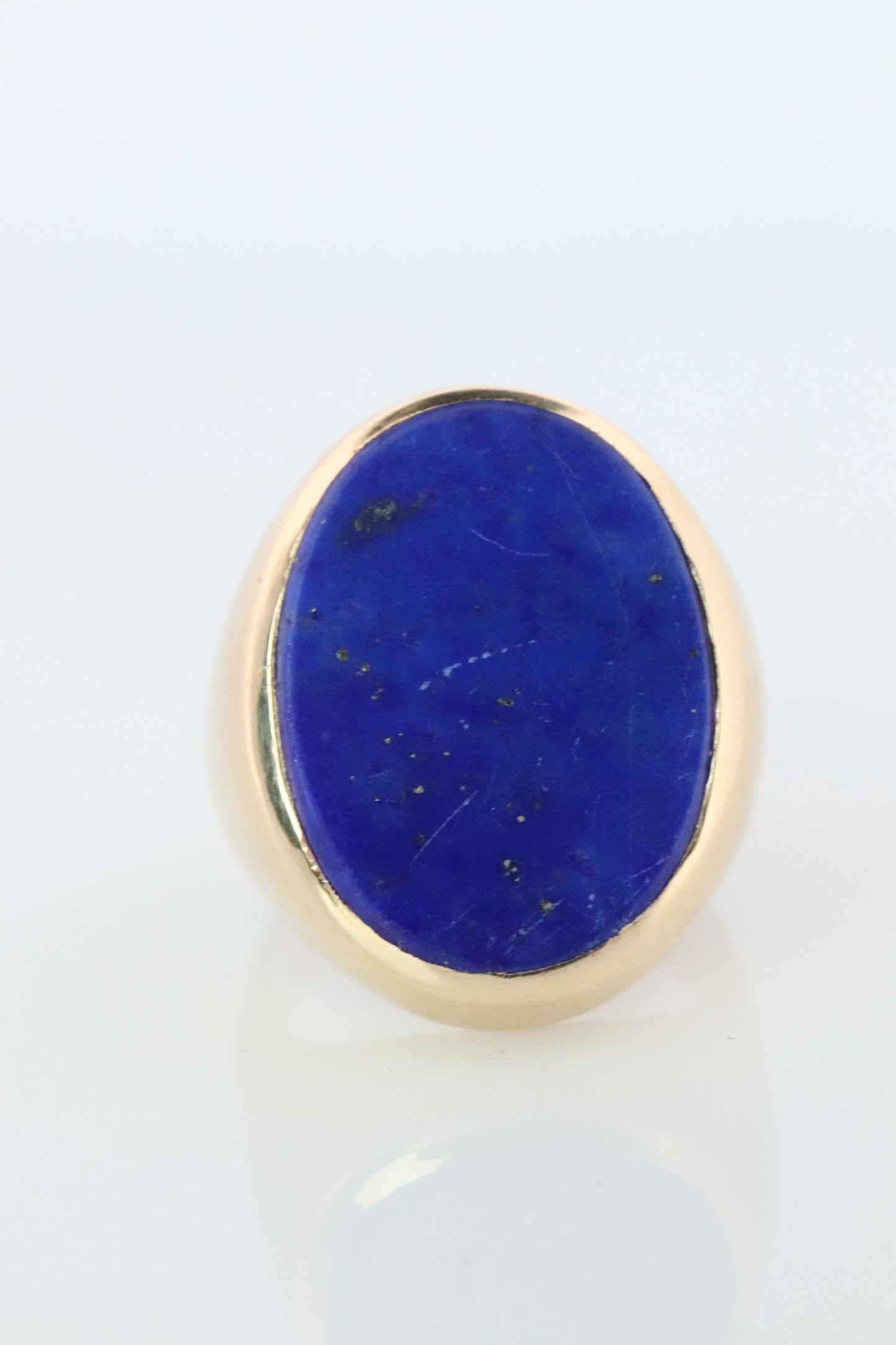 14k Gold Large Oval Lapis Lazuli ring. Unique Lapis Bezel set Signet ring.