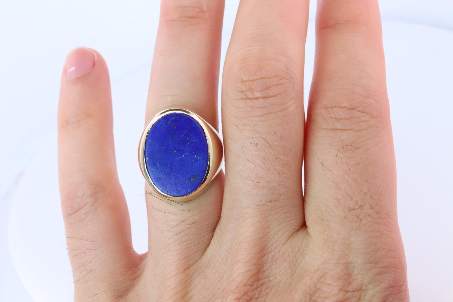 14k Gold Large Oval Lapis Lazuli ring. Unique Lapis Bezel set Signet ring.