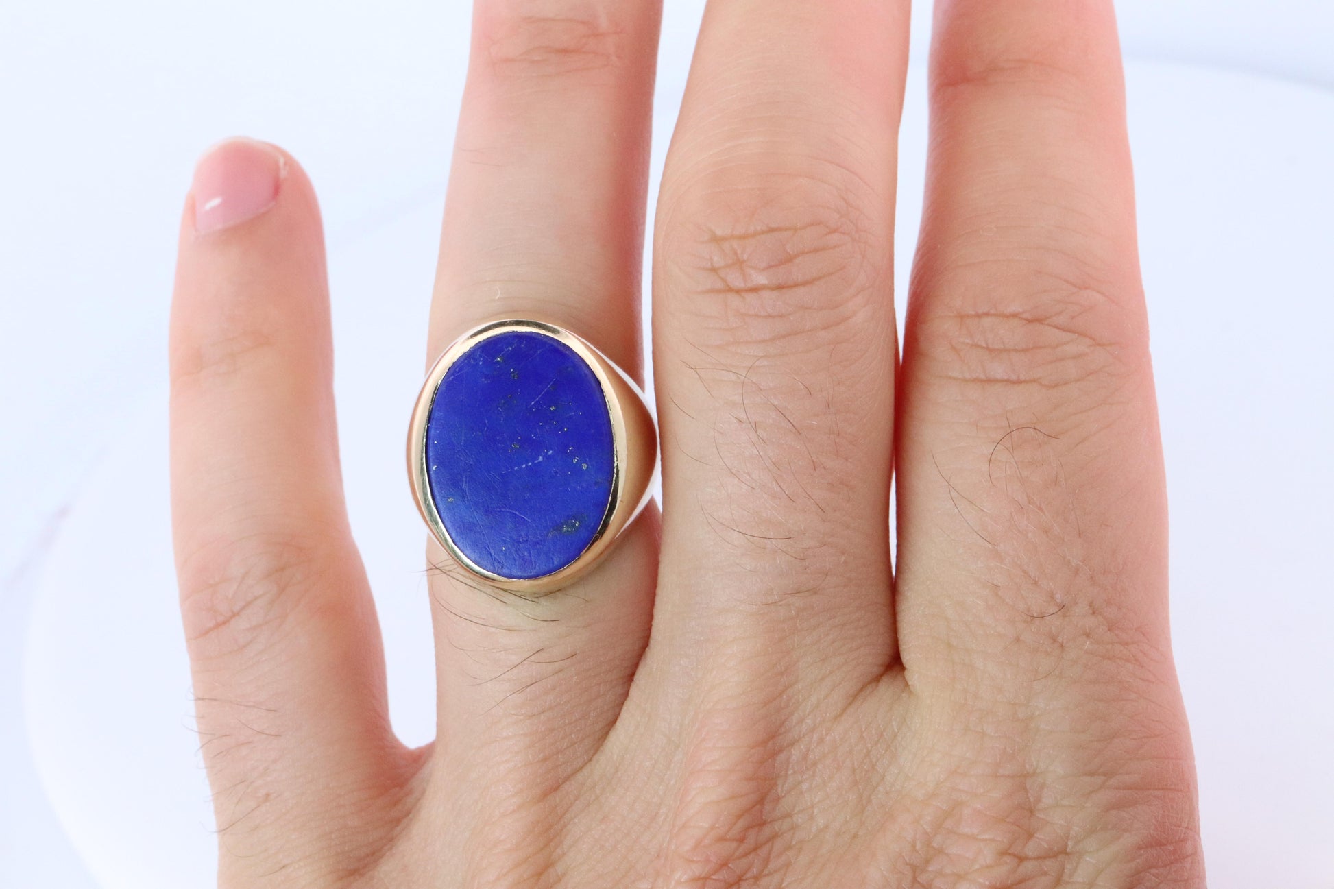 14k Gold Large Oval Lapis Lazuli ring. Unique Lapis Bezel set Signet ring.