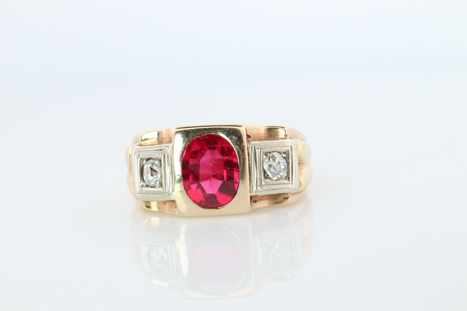 14k Triple Ruby TANK Diamond signet ring. 1930s Art Deco Diamond Ruby Band