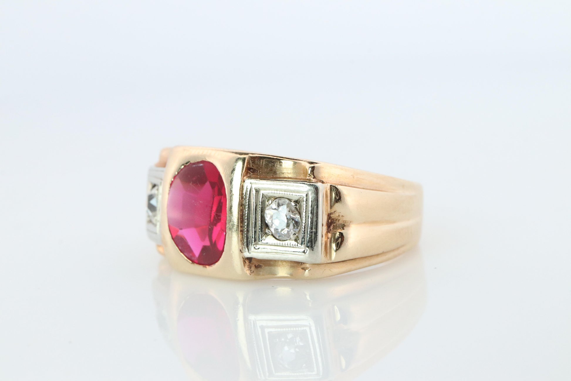 14k Triple Ruby TANK Diamond signet ring. 1930s Art Deco Diamond Ruby Band