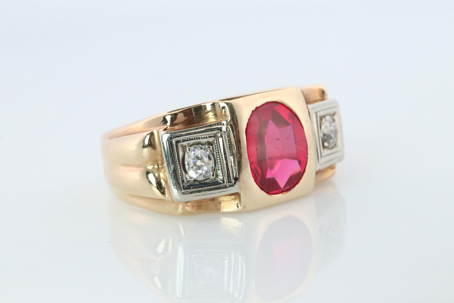 14k Triple Ruby TANK Diamond signet ring. 1930s Art Deco Diamond Ruby Band