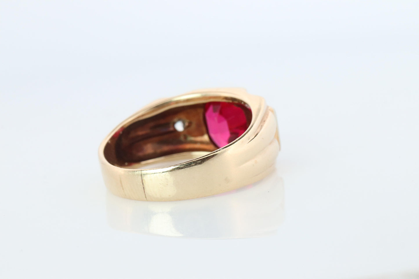 14k Triple Ruby TANK Diamond signet ring. 1930s Art Deco Diamond Ruby Band