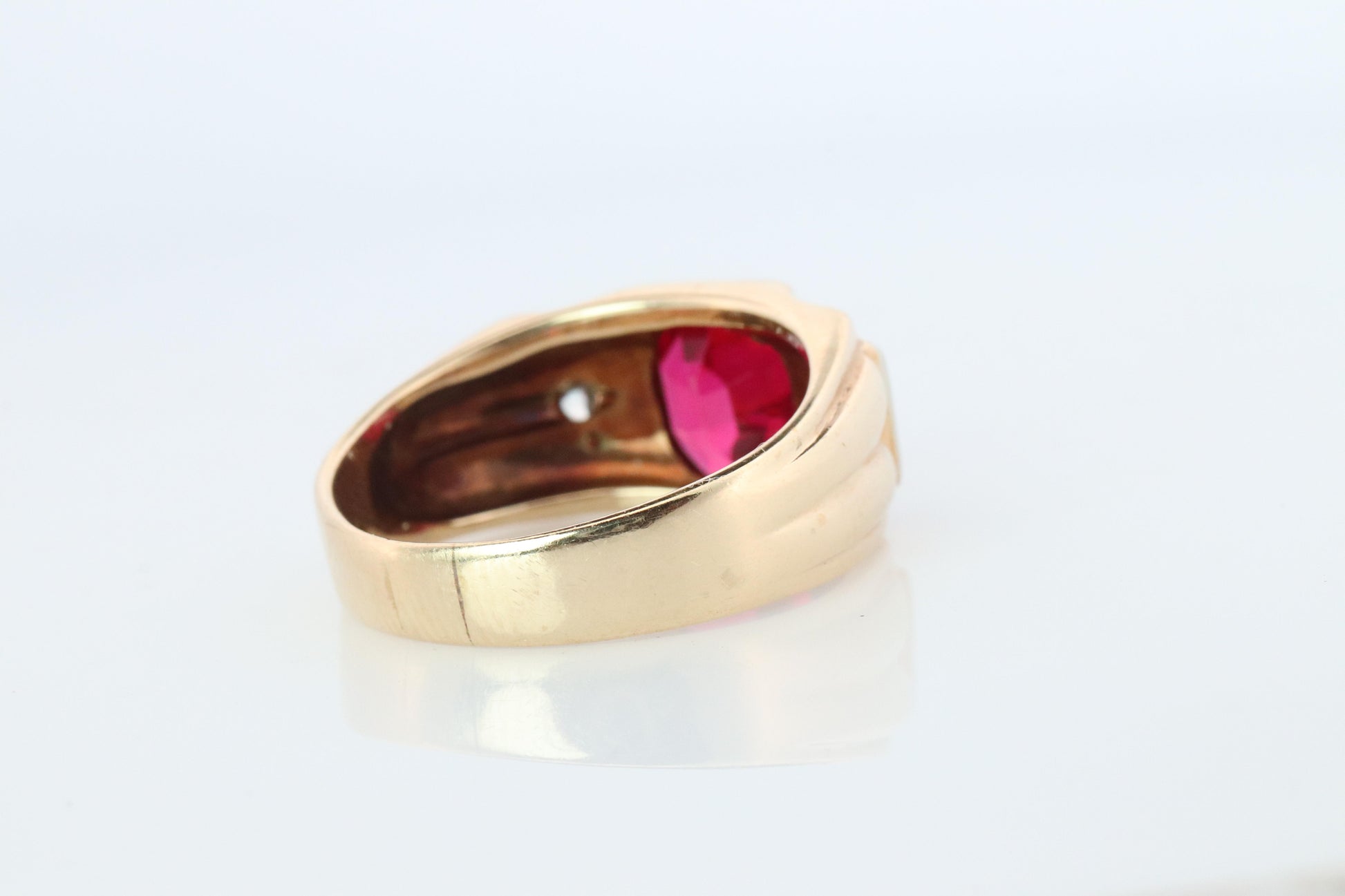 14k Triple Ruby TANK Diamond signet ring. 1930s Art Deco Diamond Ruby Band