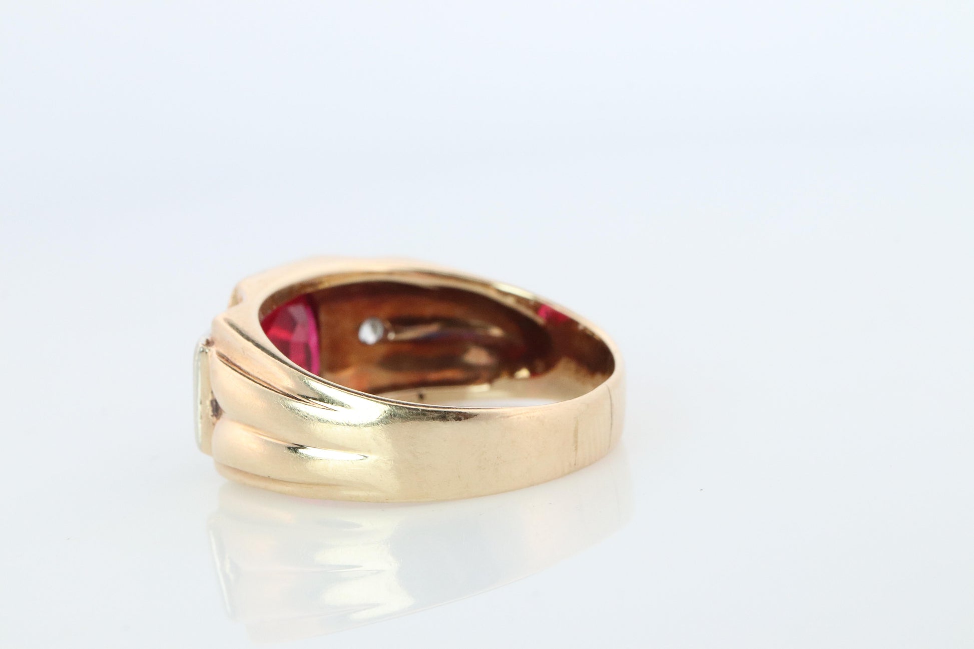 14k Triple Ruby TANK Diamond signet ring. 1930s Art Deco Diamond Ruby Band