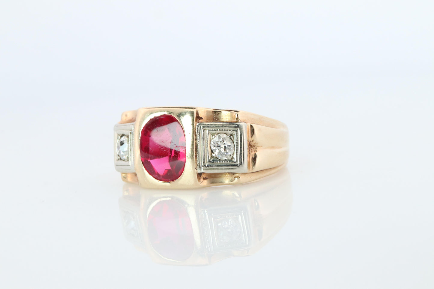 14k Triple Ruby TANK Diamond signet ring. 1930s Art Deco Diamond Ruby Band