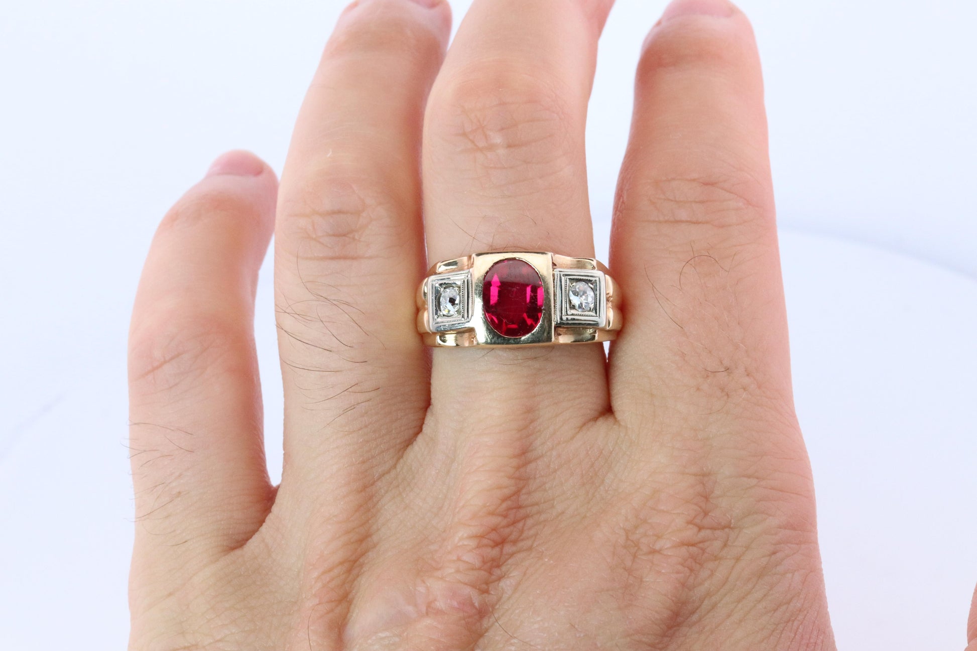 14k Triple Ruby TANK Diamond signet ring. 1930s Art Deco Diamond Ruby Band