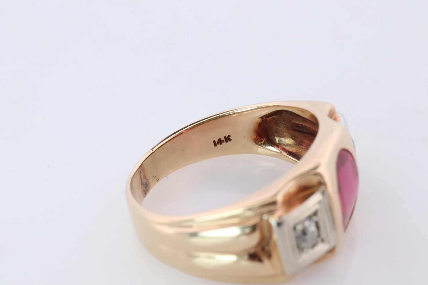 14k Triple Ruby TANK Diamond signet ring. 1930s Art Deco Diamond Ruby Band