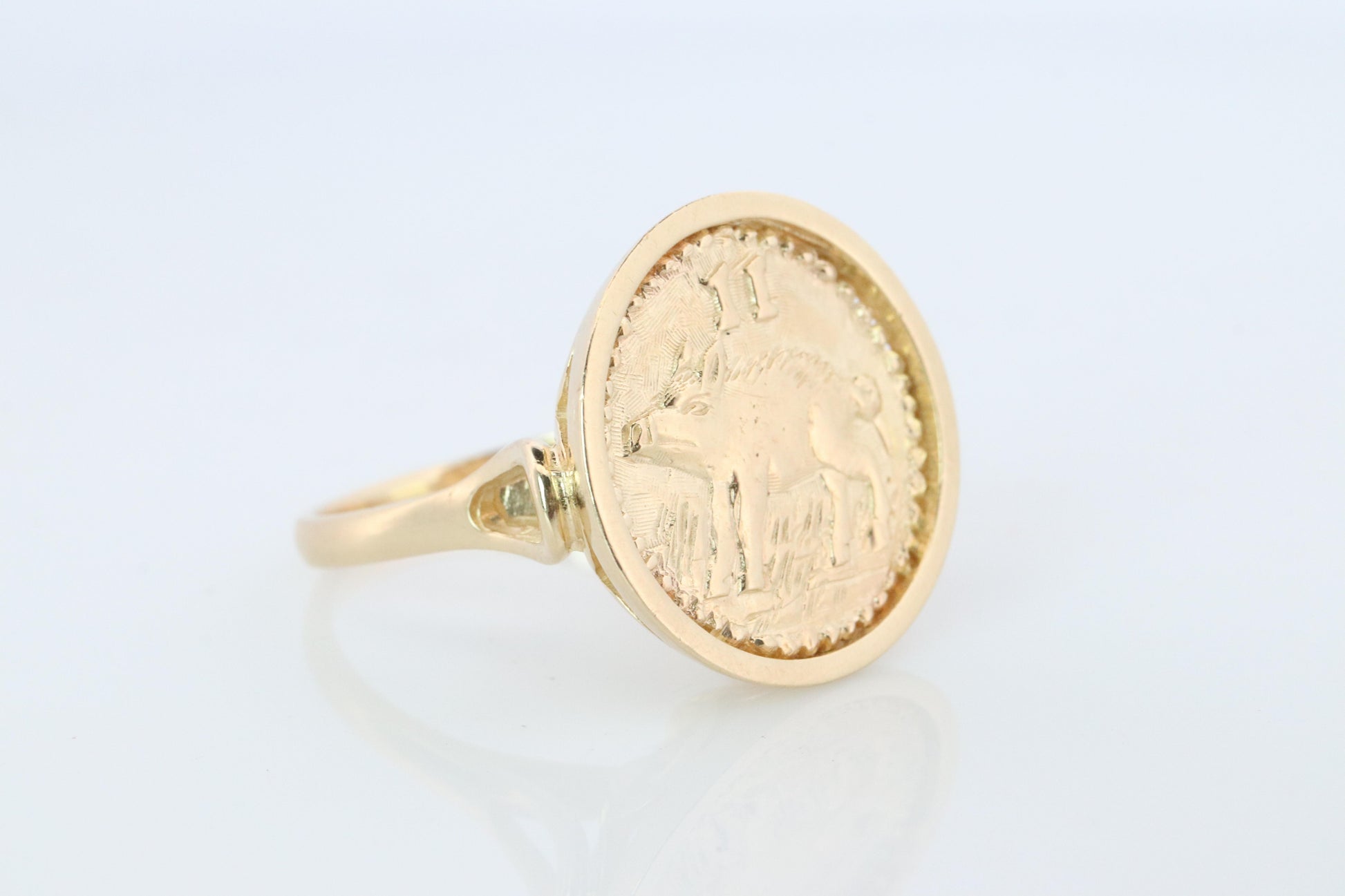 14k Gold Signet Ring with a 2 Pence Bermuda Hogge Coin.