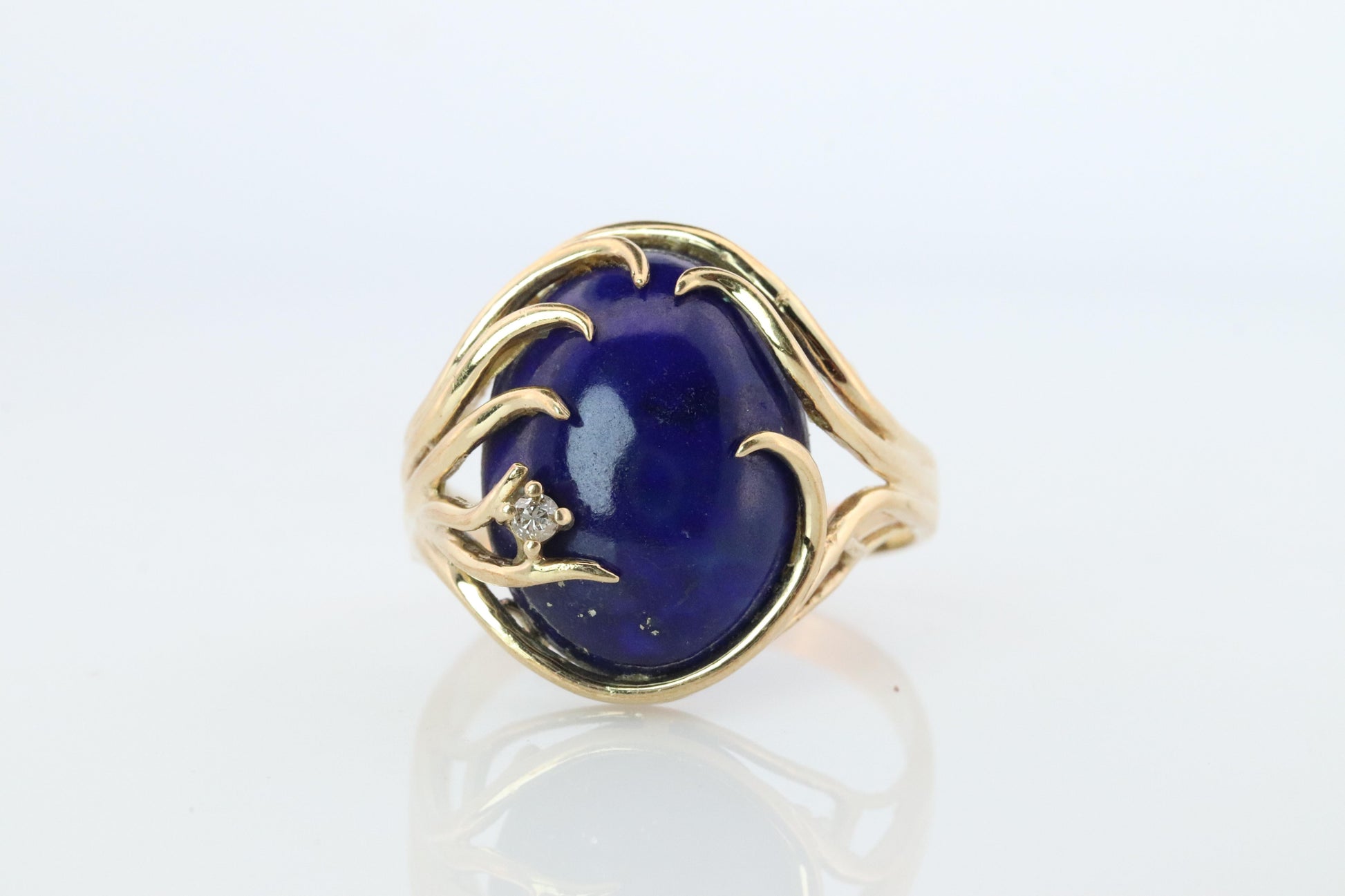 14k Gold Large Oval Lapis Lazuli ring. Unique Lapis Organic Branch set ring.