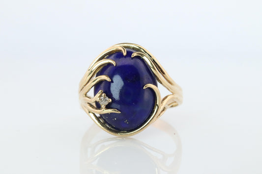 14k Gold Large Oval Lapis Lazuli ring. Unique Lapis Organic Branch set ring.