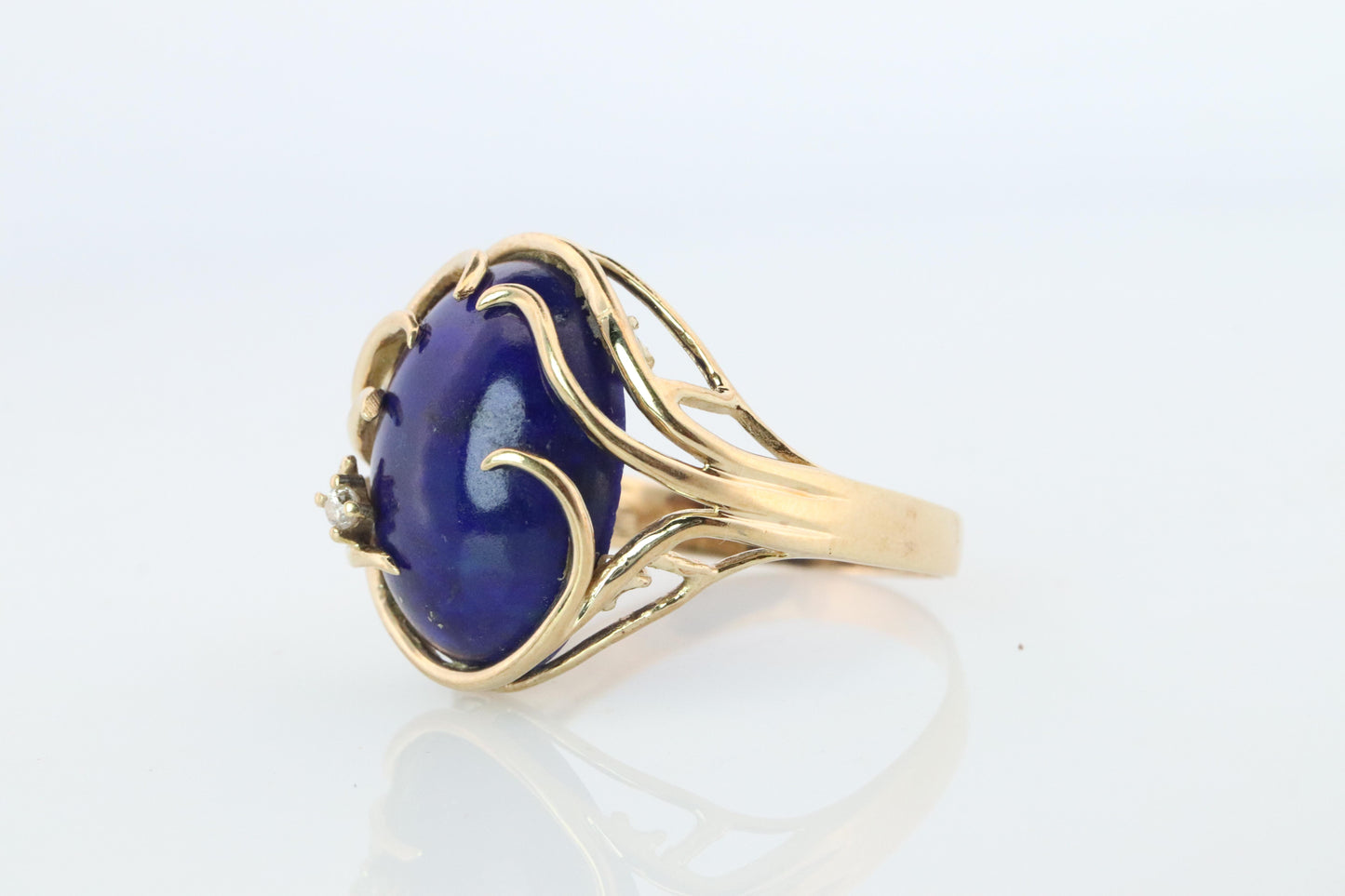14k Gold Large Oval Lapis Lazuli ring. Unique Lapis Organic Branch set ring.