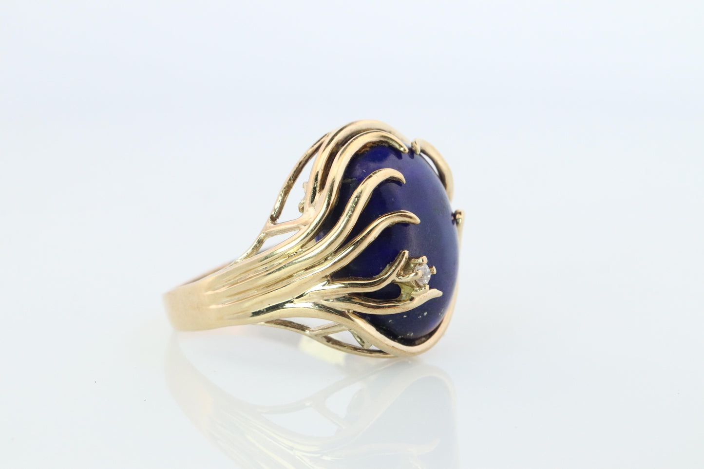 14k Gold Large Oval Lapis Lazuli ring. Unique Lapis Organic Branch set ring.