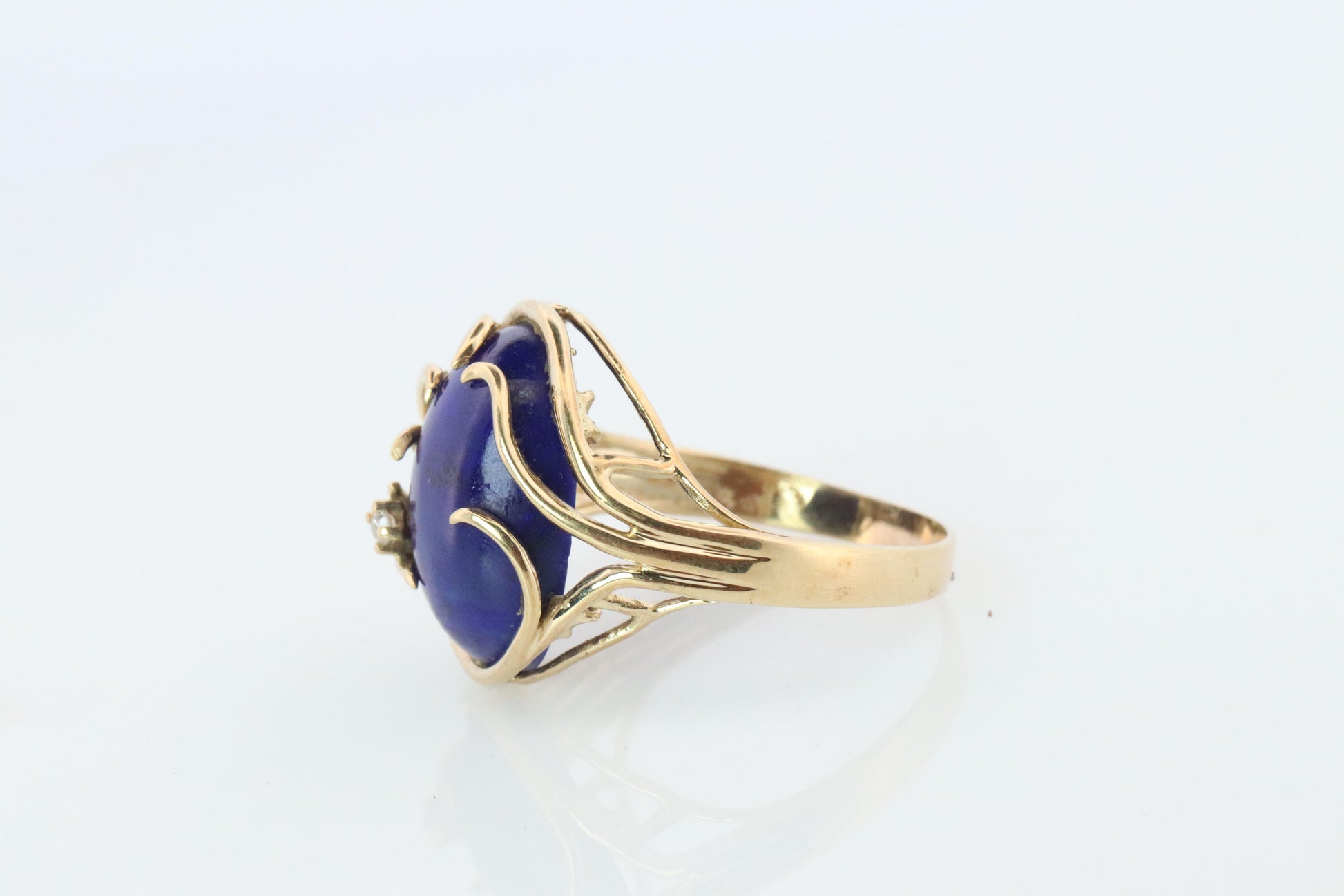 14k Gold Large Oval Lapis Lazuli ring. Unique Lapis Organic Branch set ring.