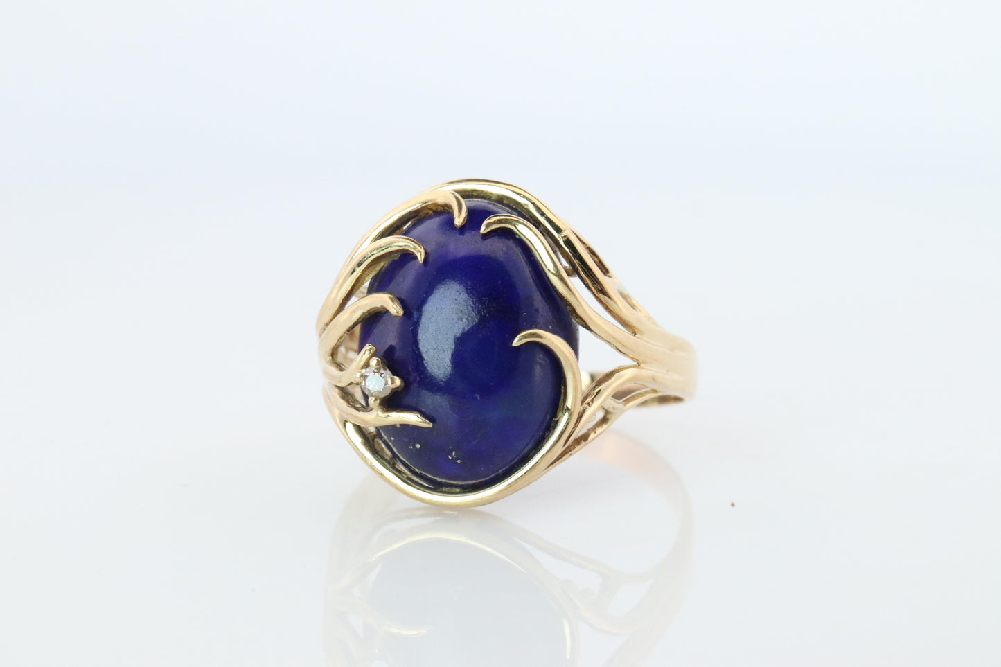 14k Gold Large Oval Lapis Lazuli ring. Unique Lapis Organic Branch set ring.