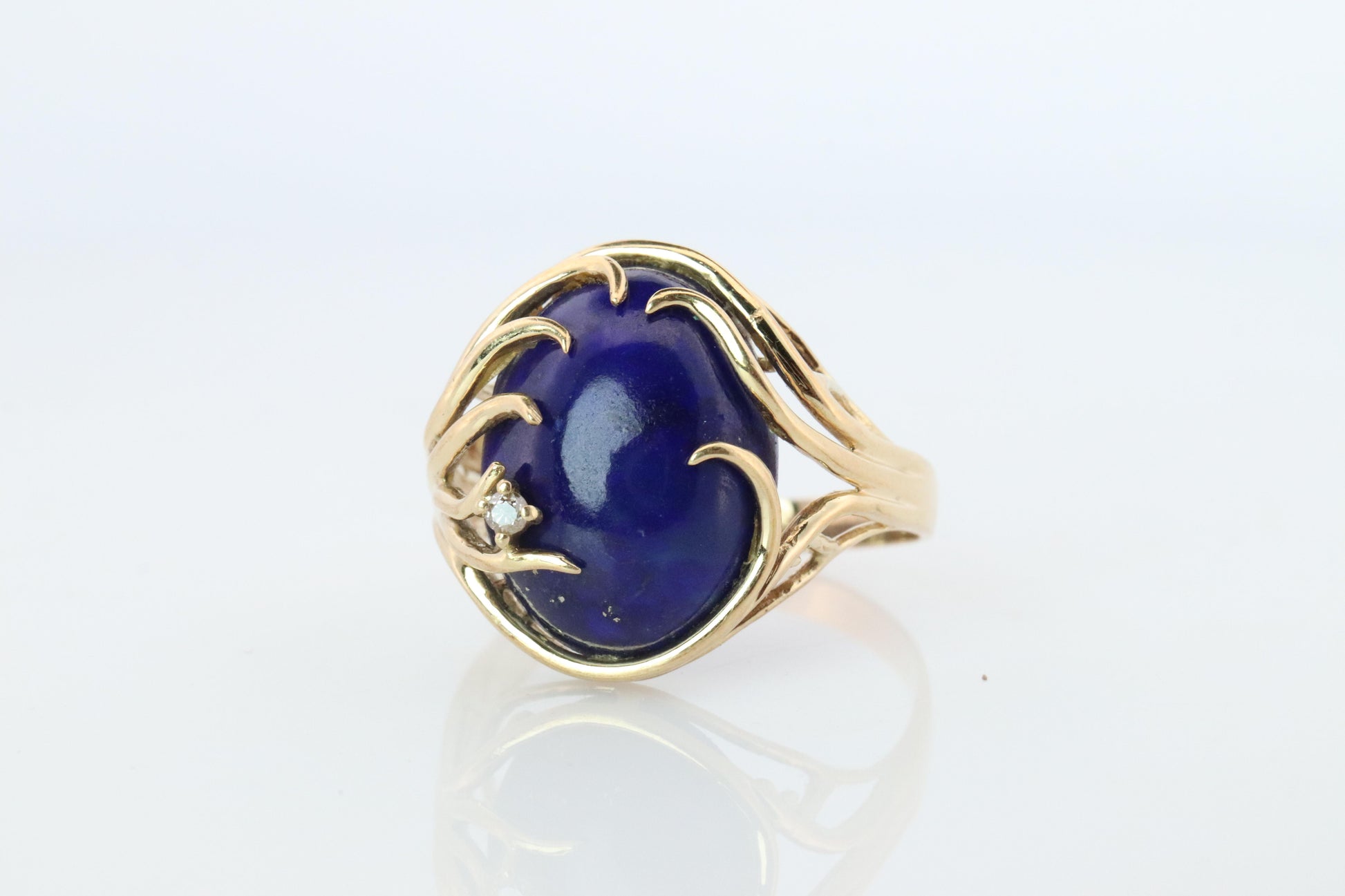 14k Gold Large Oval Lapis Lazuli ring. Unique Lapis Organic Branch set ring.