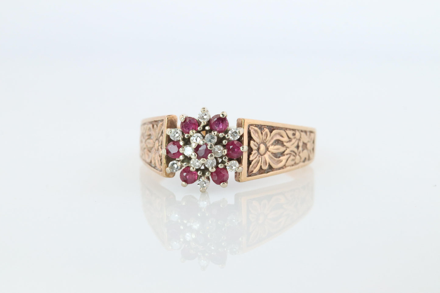 14k/10k Diamond Ruby Daisy Ornate band. Engraved Intricate designs.