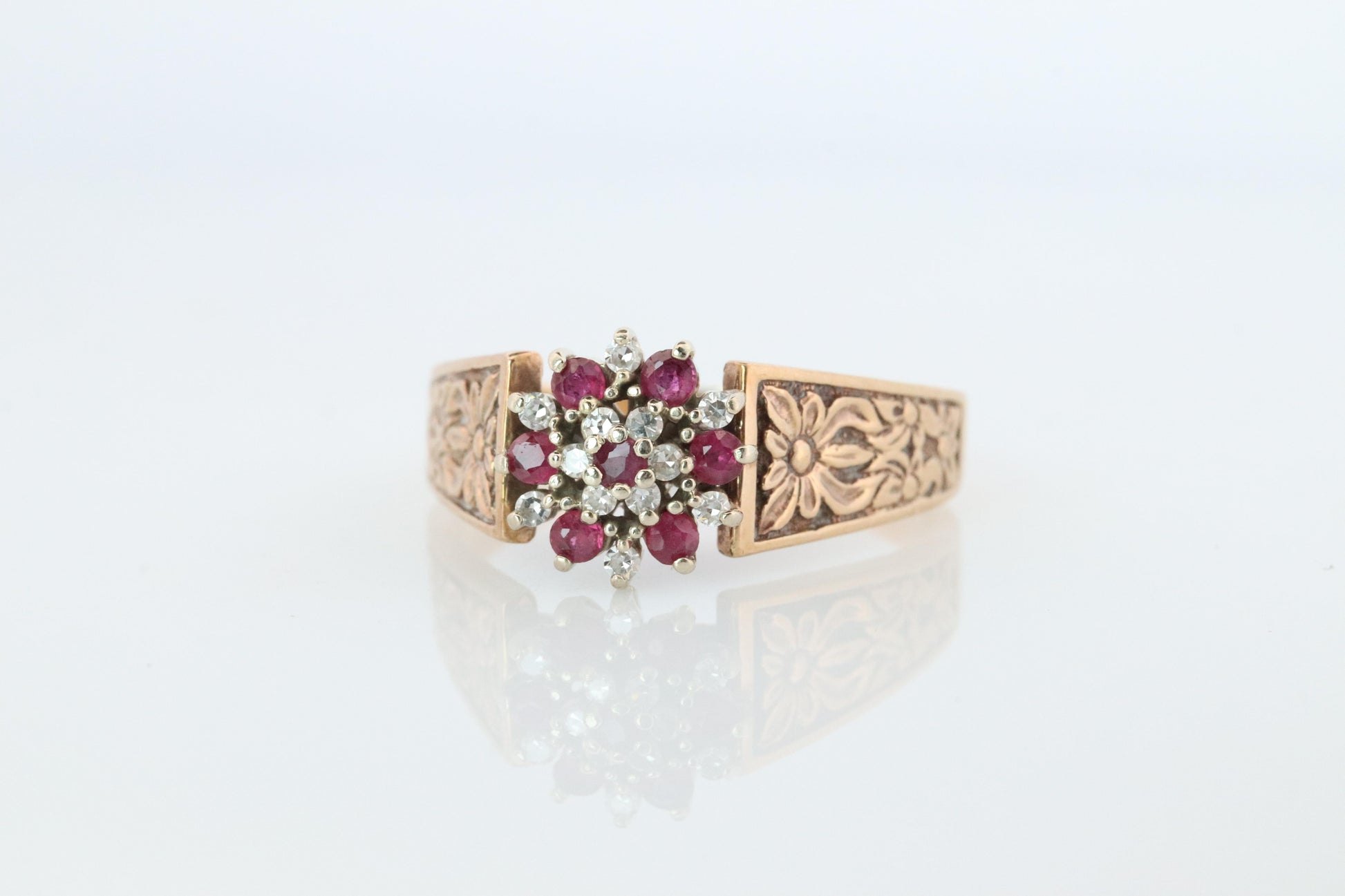 14k/10k Diamond Ruby Daisy Ornate band. Engraved Intricate designs.