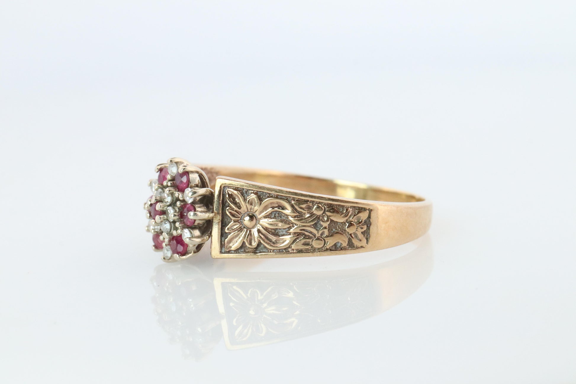 14k/10k Diamond Ruby Daisy Ornate band. Engraved Intricate designs.