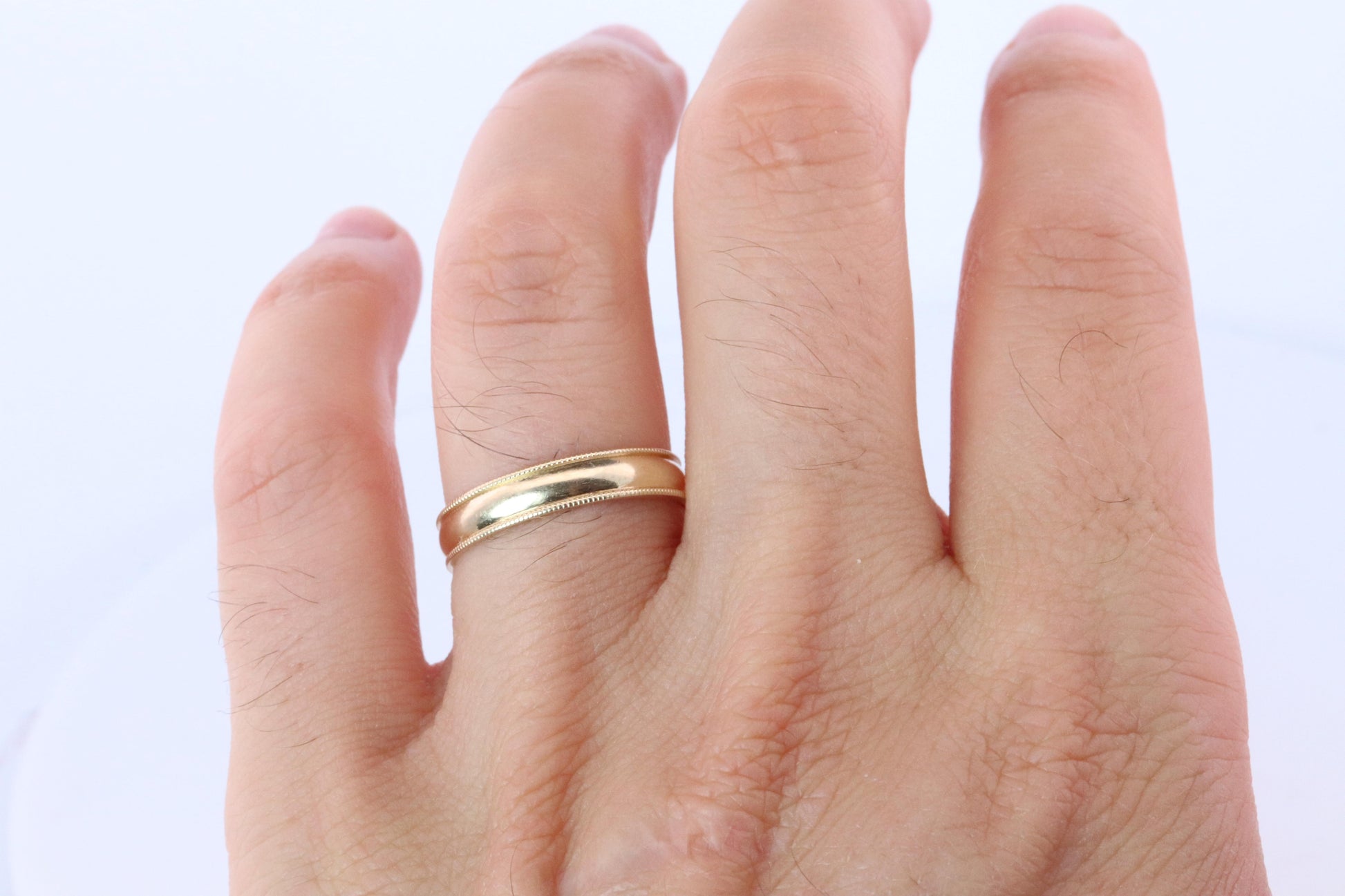 14k Milgrain Wide Band. 14k Yellow Gold Engraved Edging Wedding Ring.