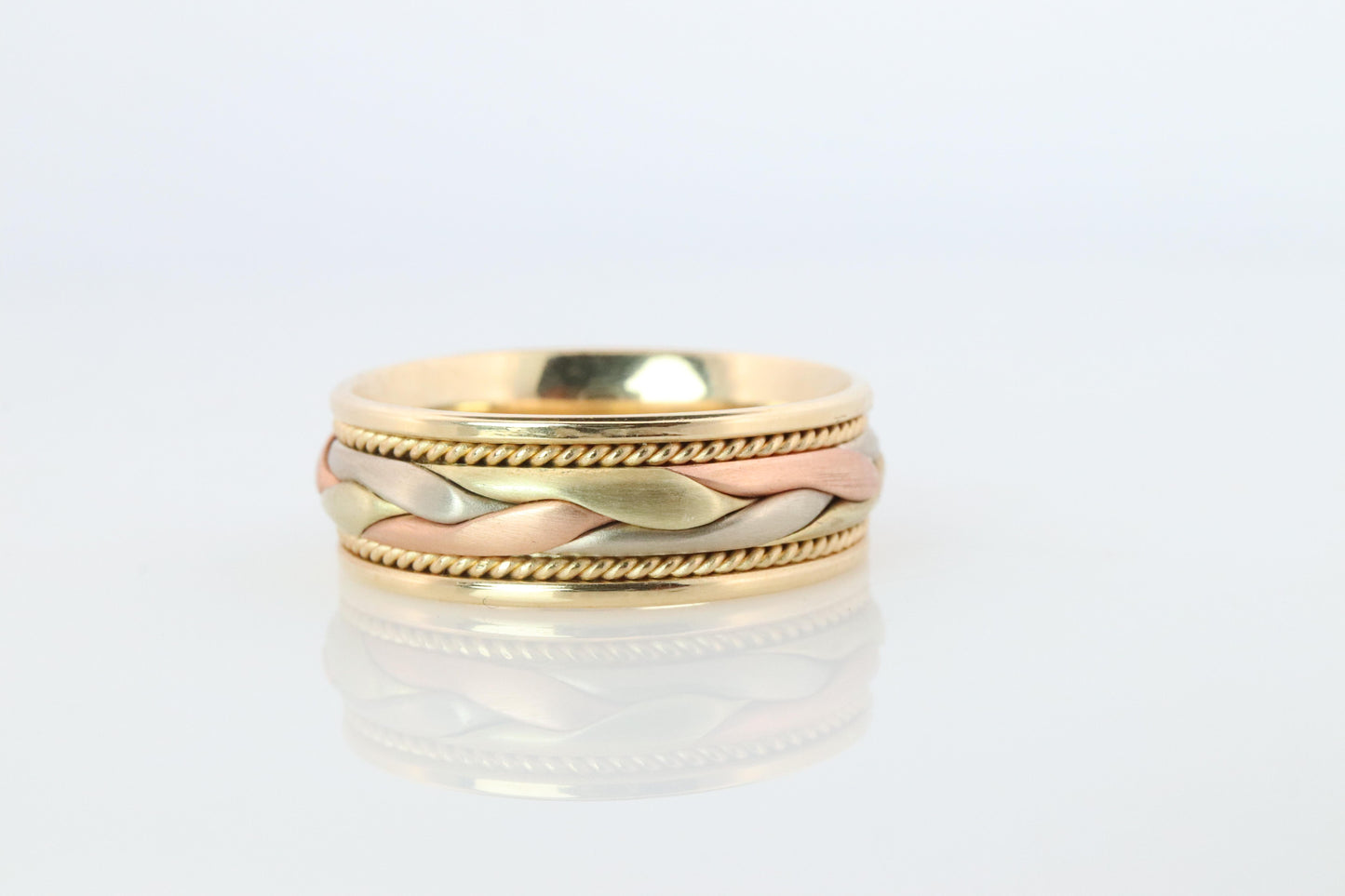 14k Wide band. Tricolor Braid Gold Ring. White Yellow Rose Gold Braided ring