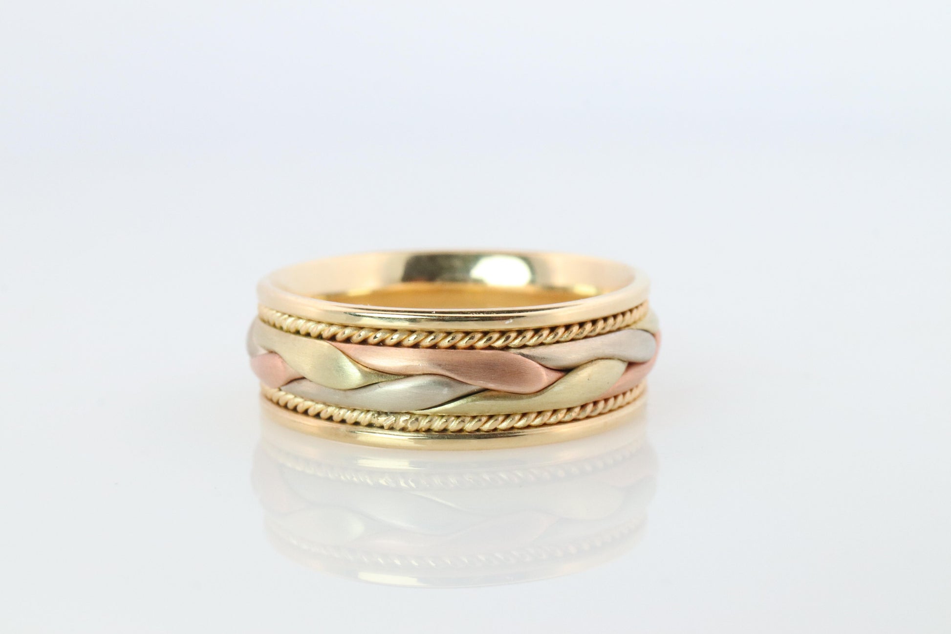 14k Wide band. Tricolor Braid Gold Ring. White Yellow Rose Gold Braided ring