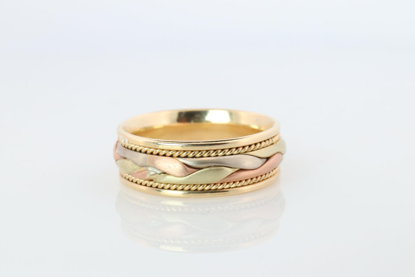 14k Wide band. Tricolor Braid Gold Ring. White Yellow Rose Gold Braided ring