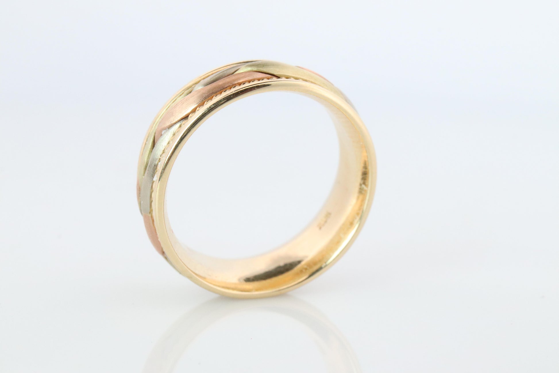 14k Wide band. Tricolor Braid Gold Ring. White Yellow Rose Gold Braided ring