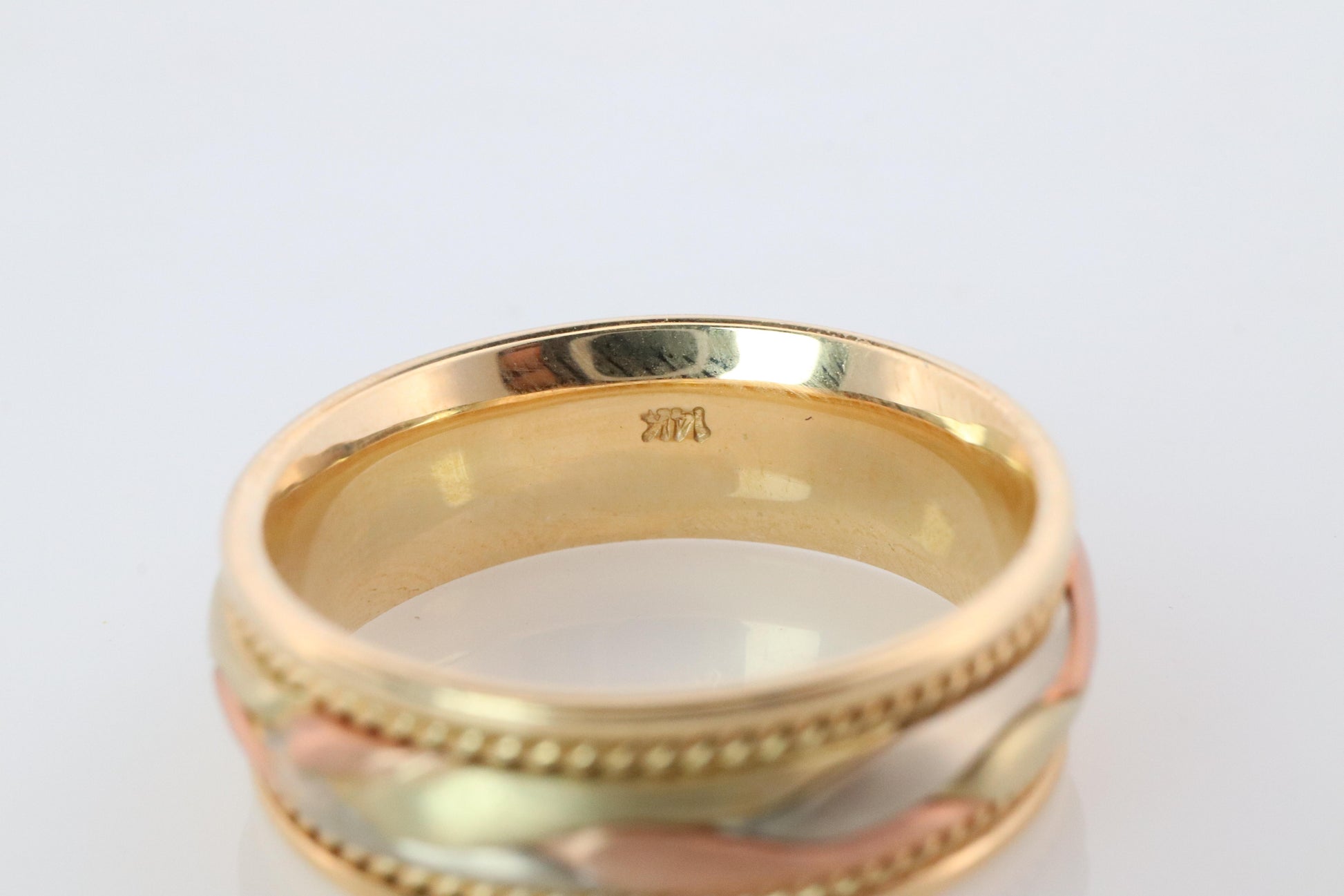 14k Wide band. Tricolor Braid Gold Ring. White Yellow Rose Gold Braided ring