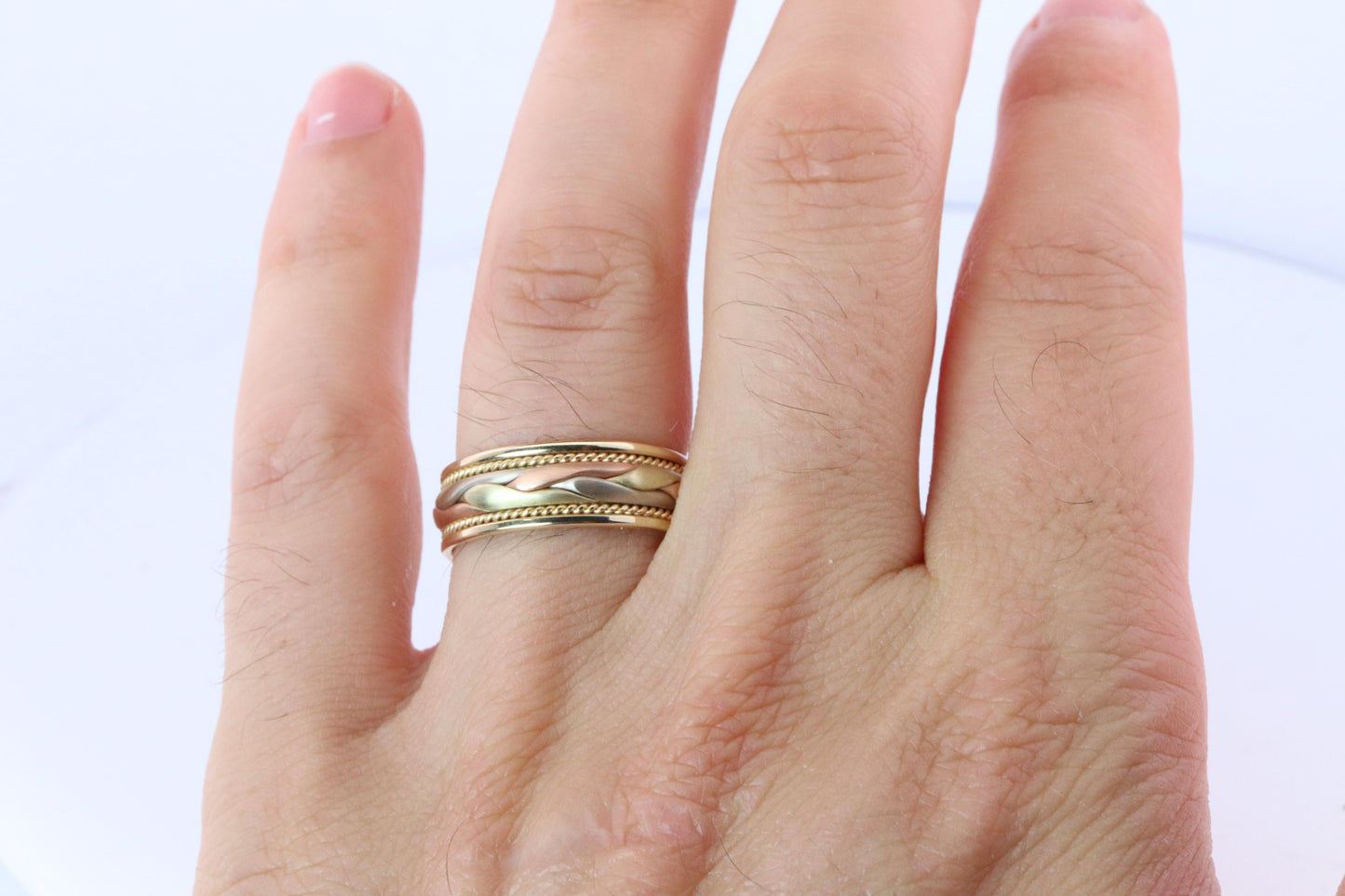 14k Wide band. Tricolor Braid Gold Ring. White Yellow Rose Gold Braided ring