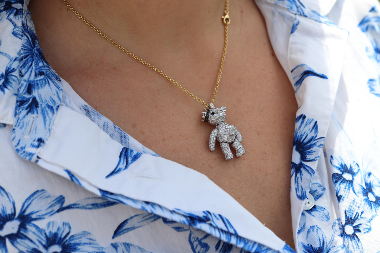 18k Teddy Bear Pendant. 18k YG Diamond Pave 3D Diamond Bear full body necklace