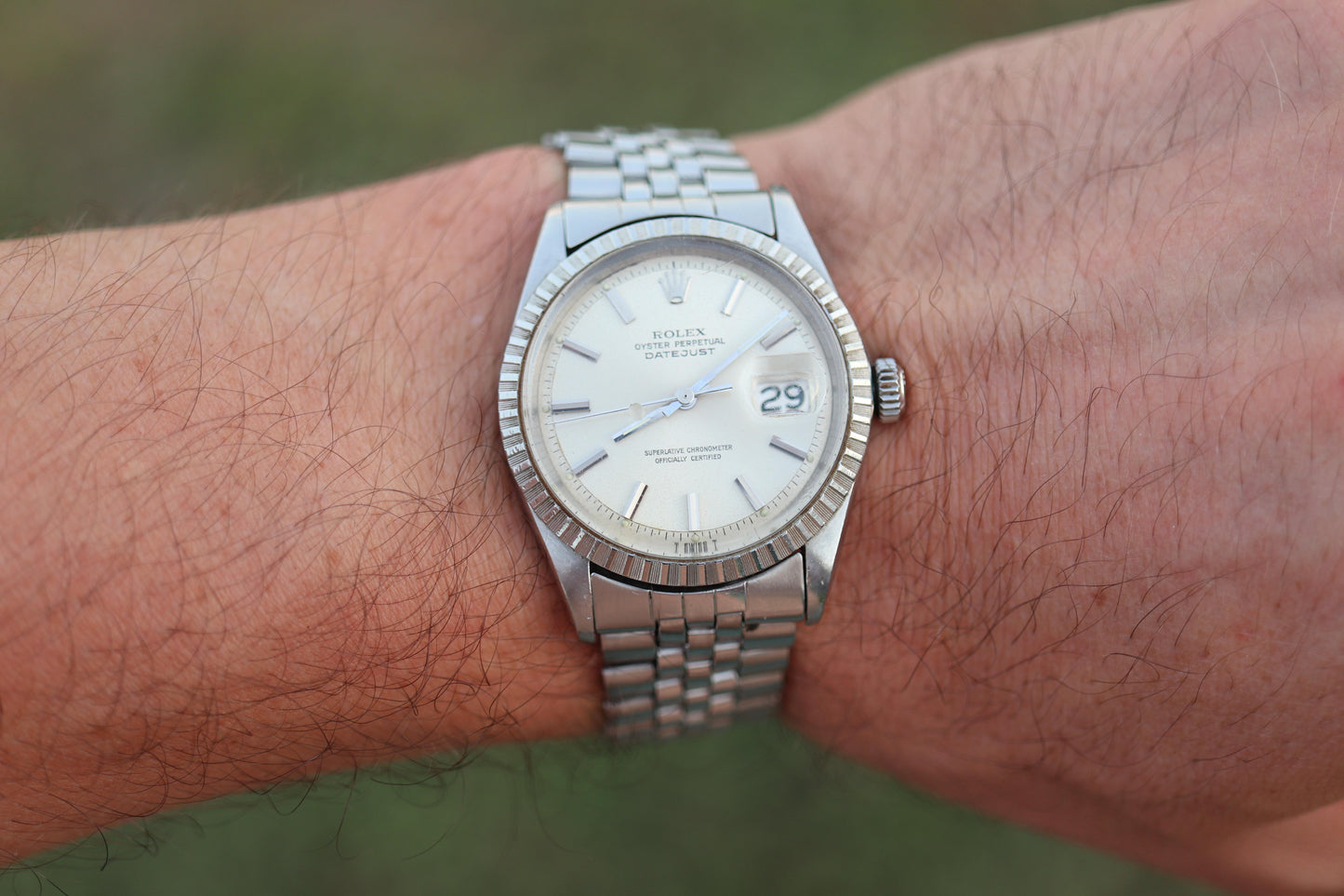 Genuine Rolex 1603 Watch. Rolex Oyster Perpetual DateJust 36 Engine Turned Bezel
