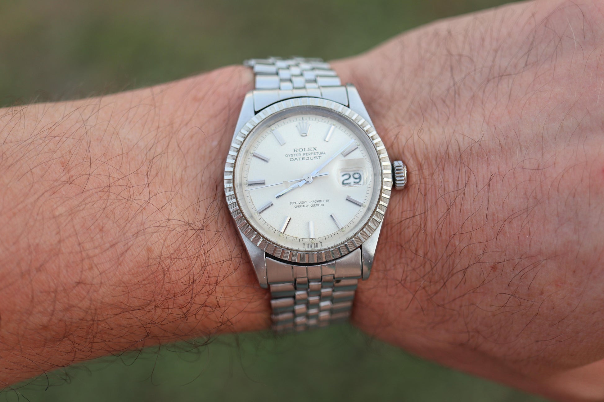 Genuine Rolex 1603 Watch. Rolex Oyster Perpetual DateJust 36 Engine Turned Bezel