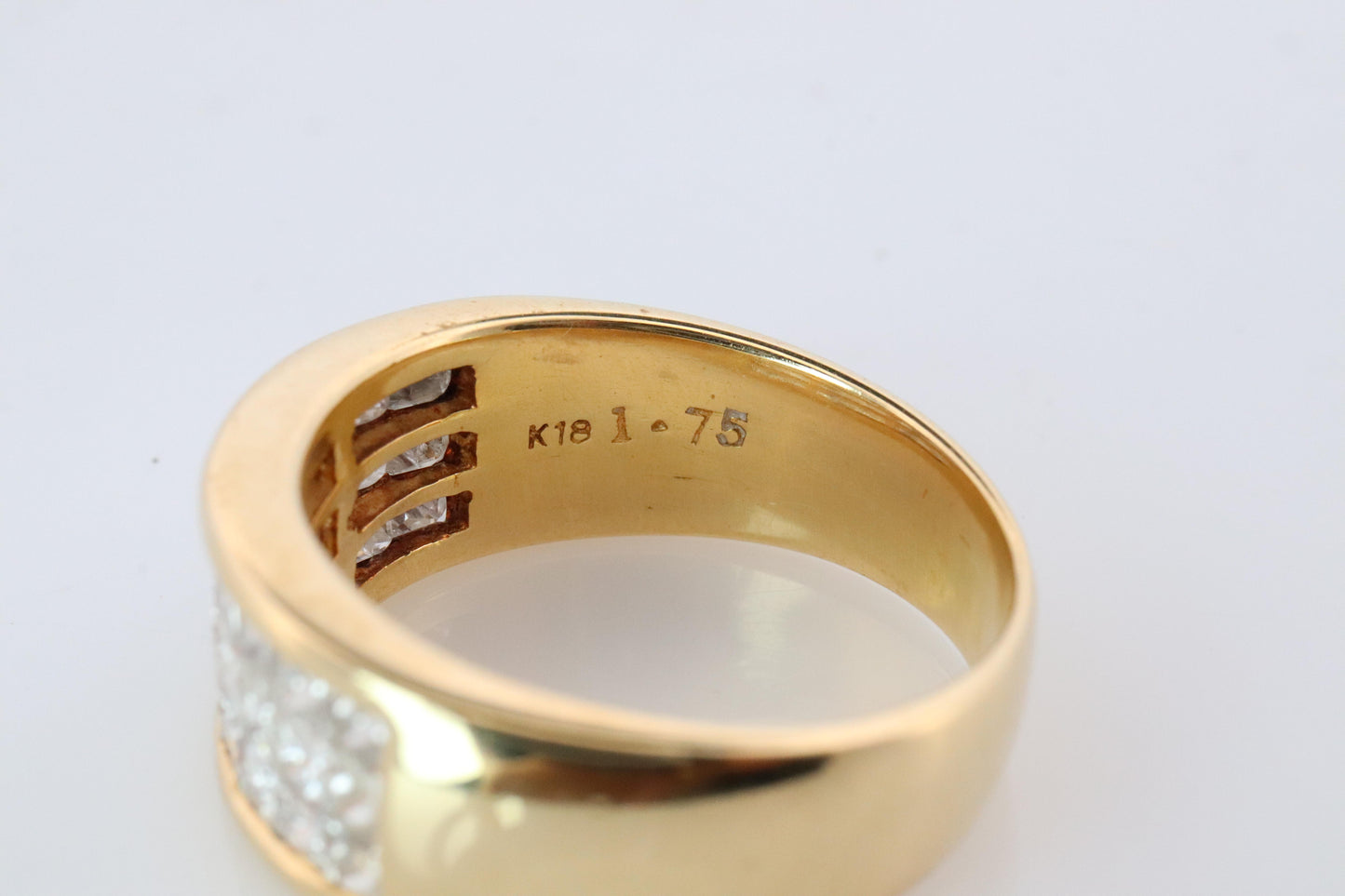 18k Diamond eternity band. 18k Yellow Gold Princess Cut Invisible Set ring.