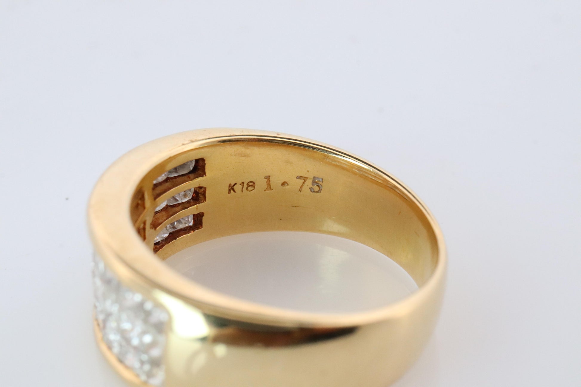 18k Diamond eternity band. 18k Yellow Gold Princess Cut Invisible Set ring.