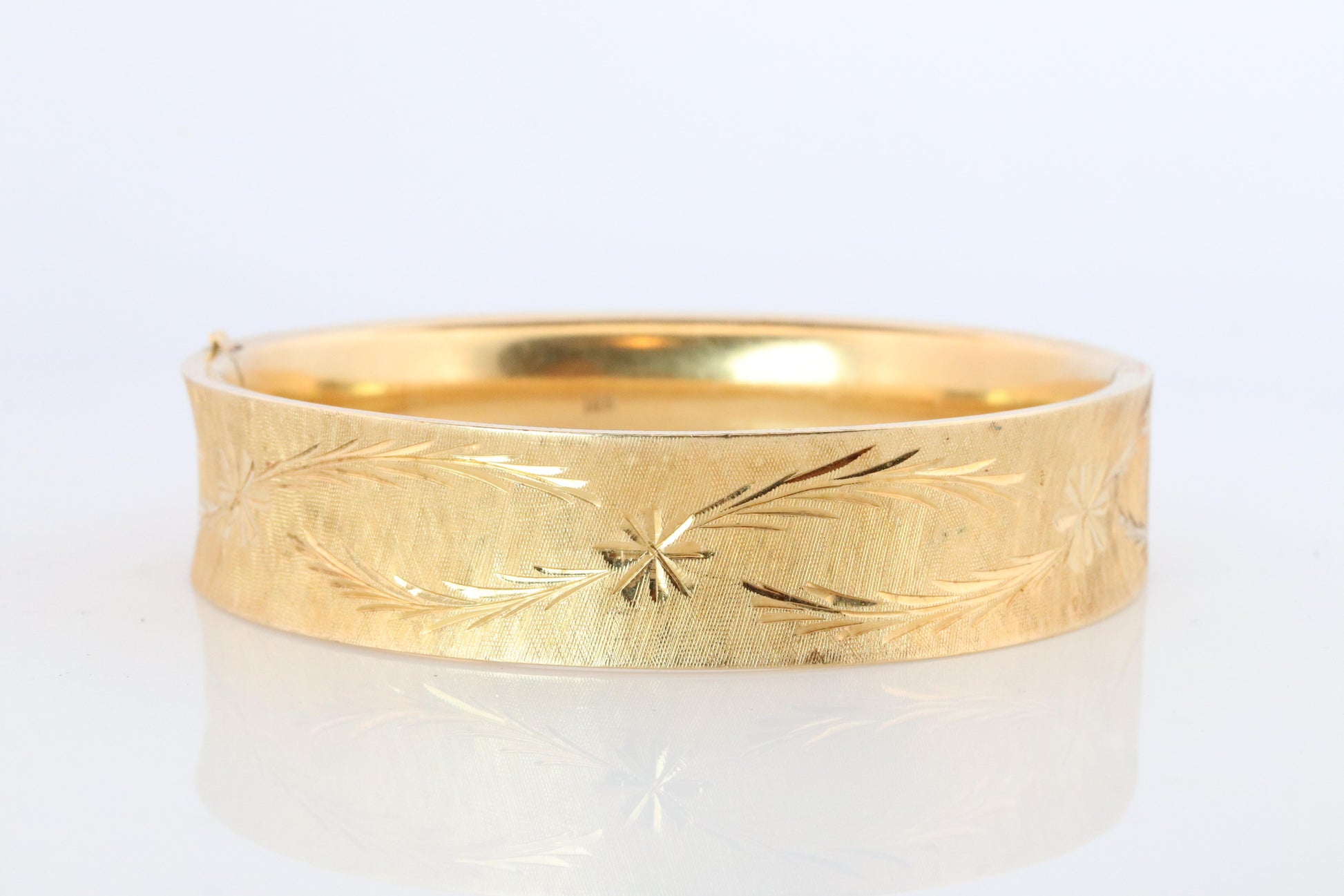 14k Bangle Bracelet. Hinged Hollow Bangle Bracelet Engraved with Leaves