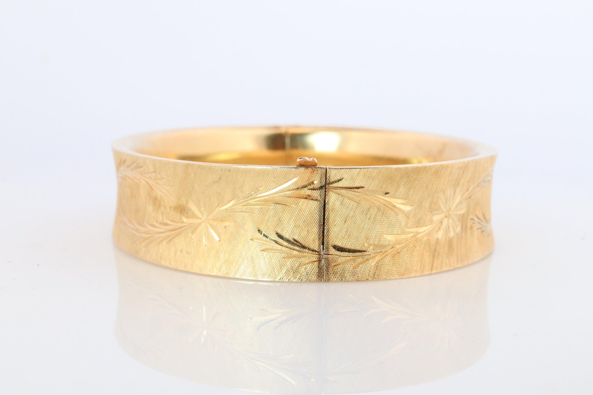 14k Bangle Bracelet. Hinged Hollow Bangle Bracelet Engraved with Leaves