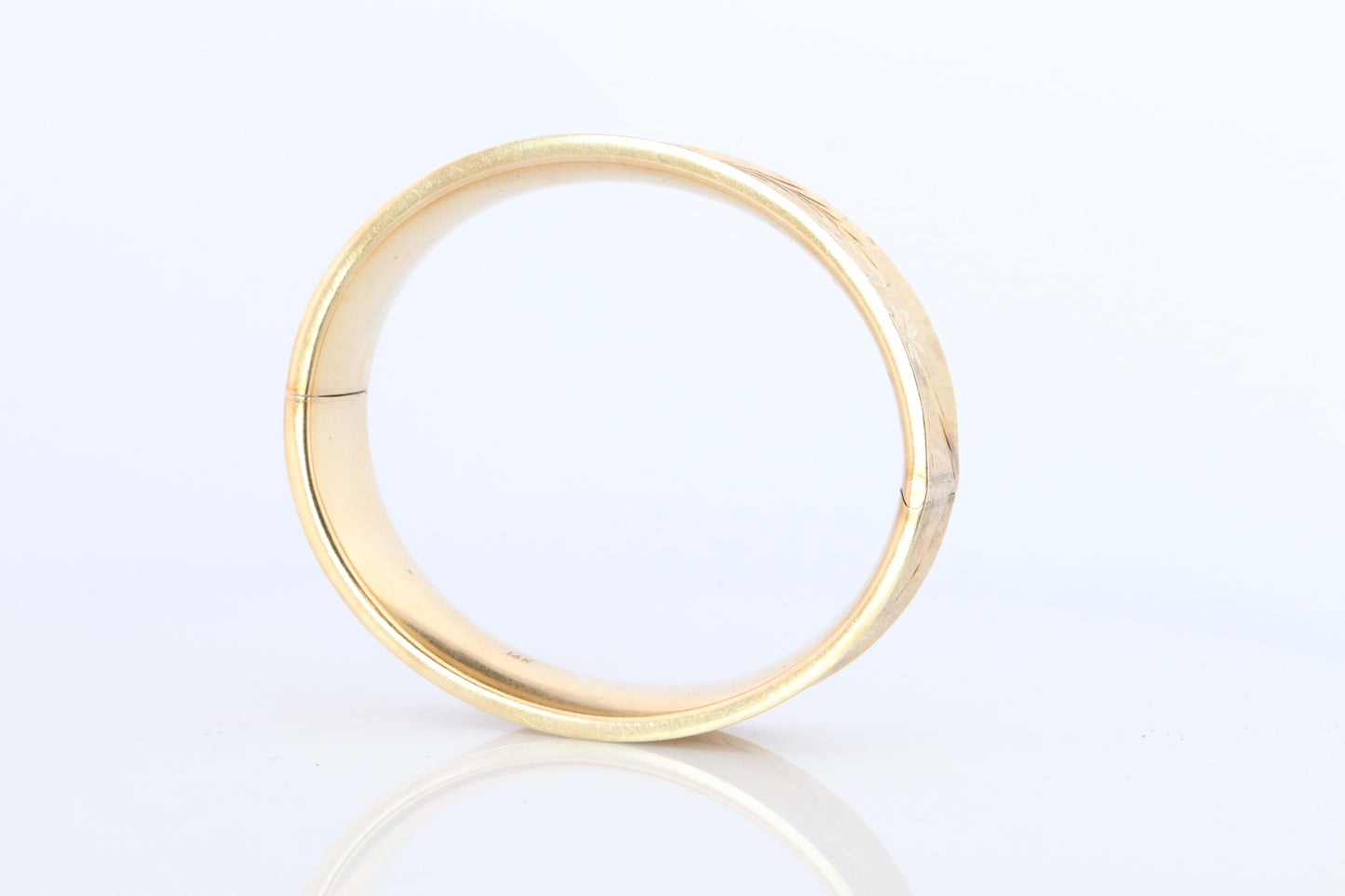 14k Bangle Bracelet. Hinged Hollow Bangle Bracelet Engraved with Leaves