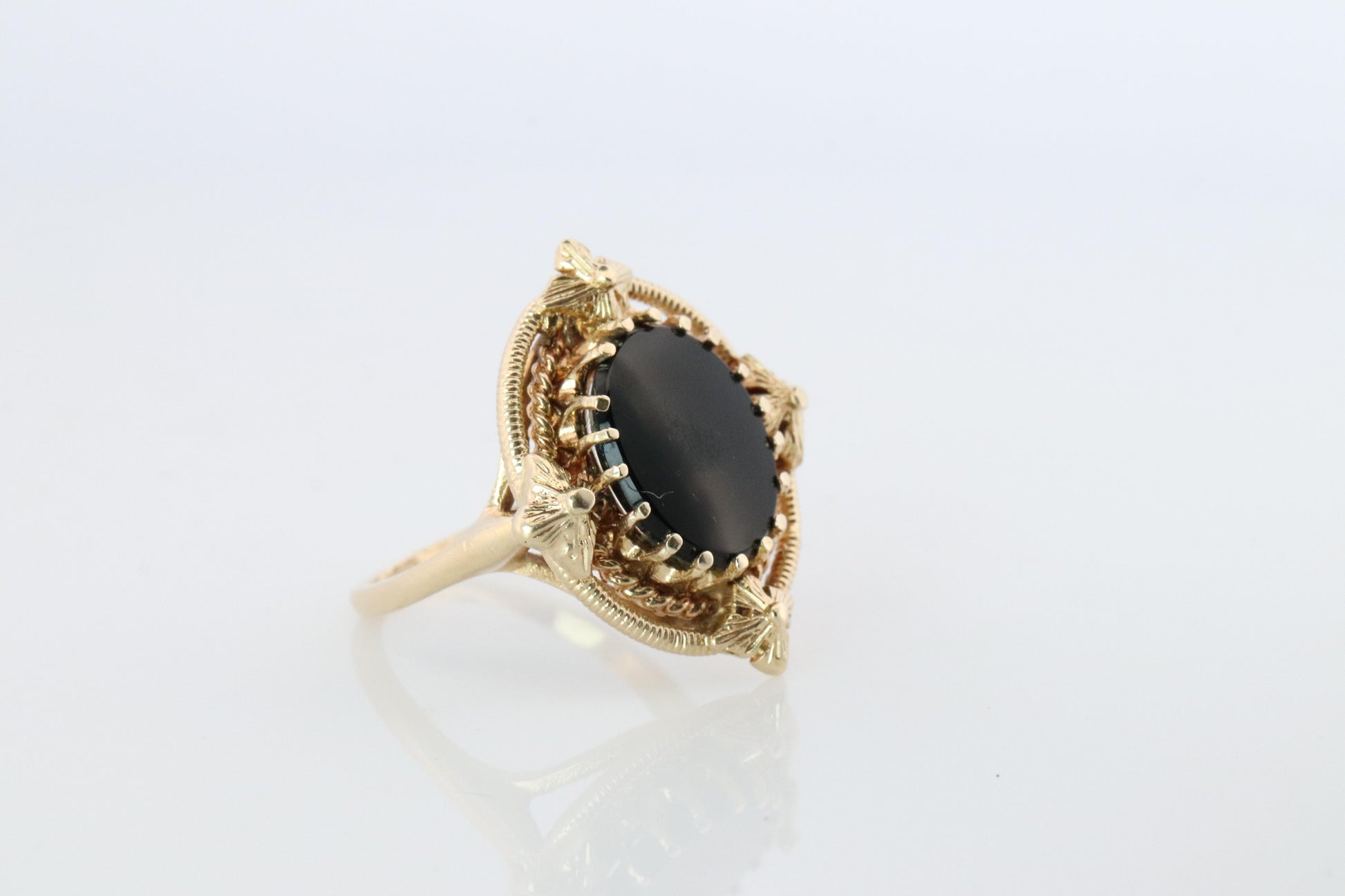 14k Gold ONYX ring. Unique Oval Onyx Signet or Pinky ring.