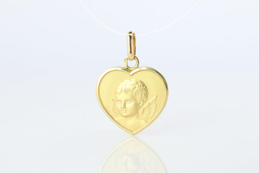 18k Heart Cherubim Pendant. 18k YG Angel Face Baby Child Pendant.