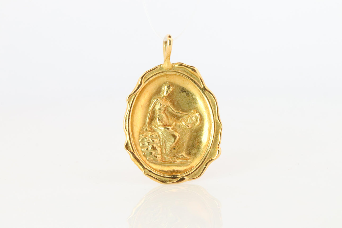 18k Resting Woman Pendant. 18k Yellow Gold Intaglio Lady with Basket Pendant