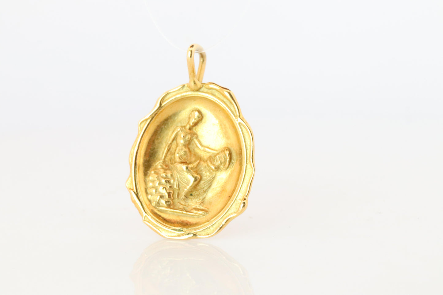 18k Resting Woman Pendant. 18k Yellow Gold Intaglio Lady with Basket Pendant