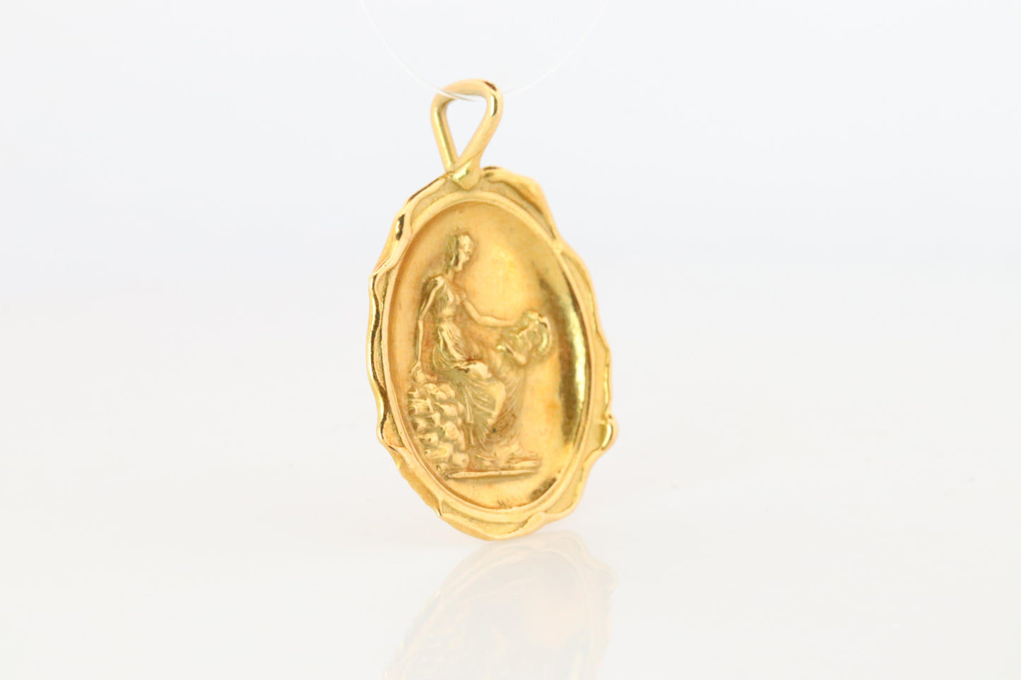 18k Resting Woman Pendant. 18k Yellow Gold Intaglio Lady with Basket Pendant