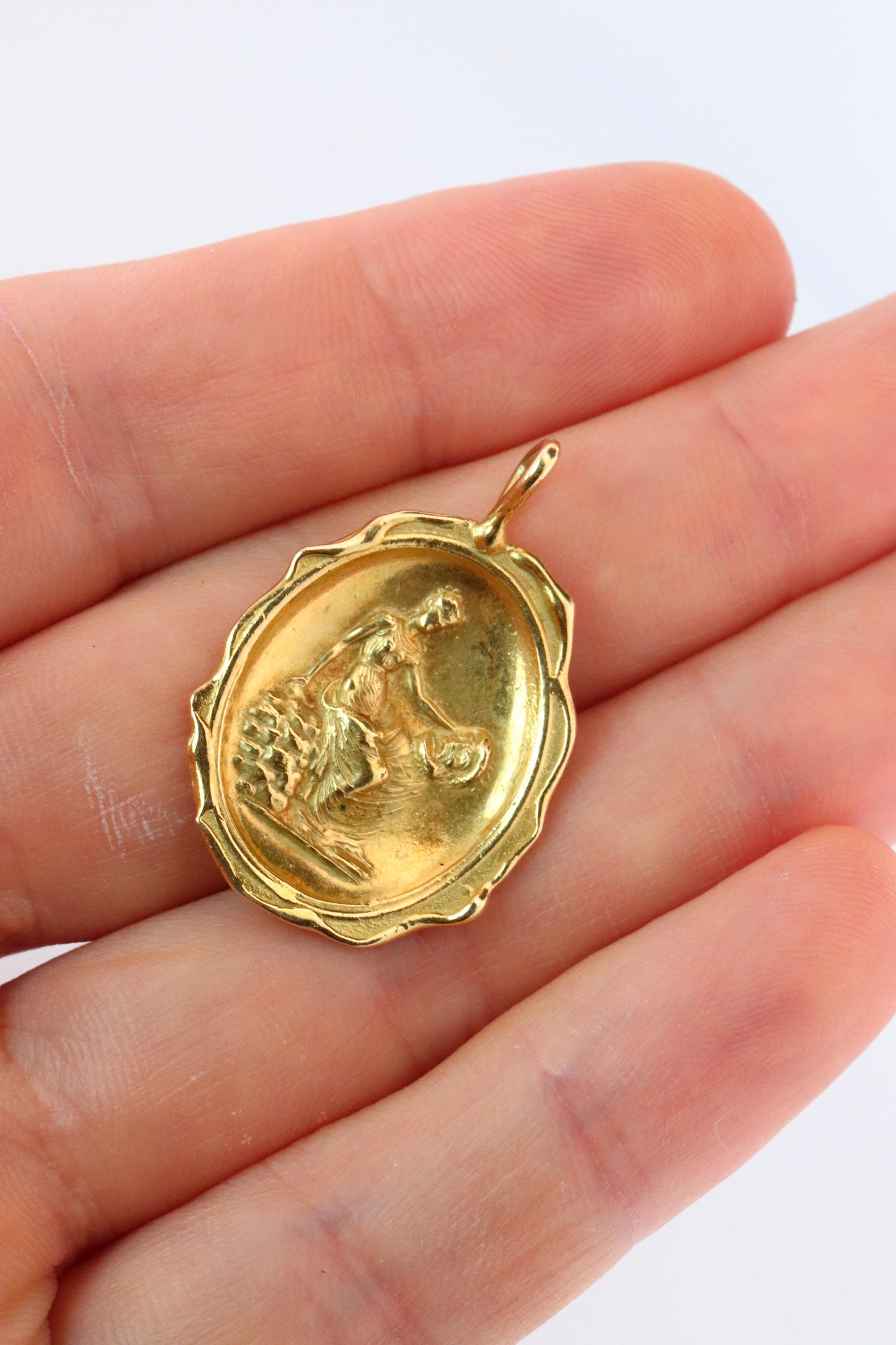 18k Resting Woman Pendant. 18k Yellow Gold Intaglio Lady with Basket Pendant