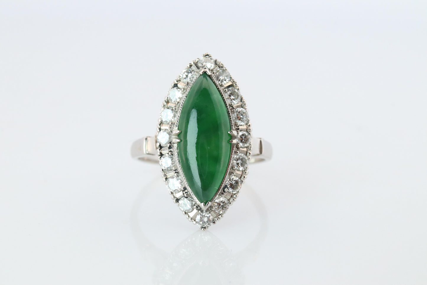 Jade shield ring. Platinum Shield Ring Jade Cabochon and Diamond wide band