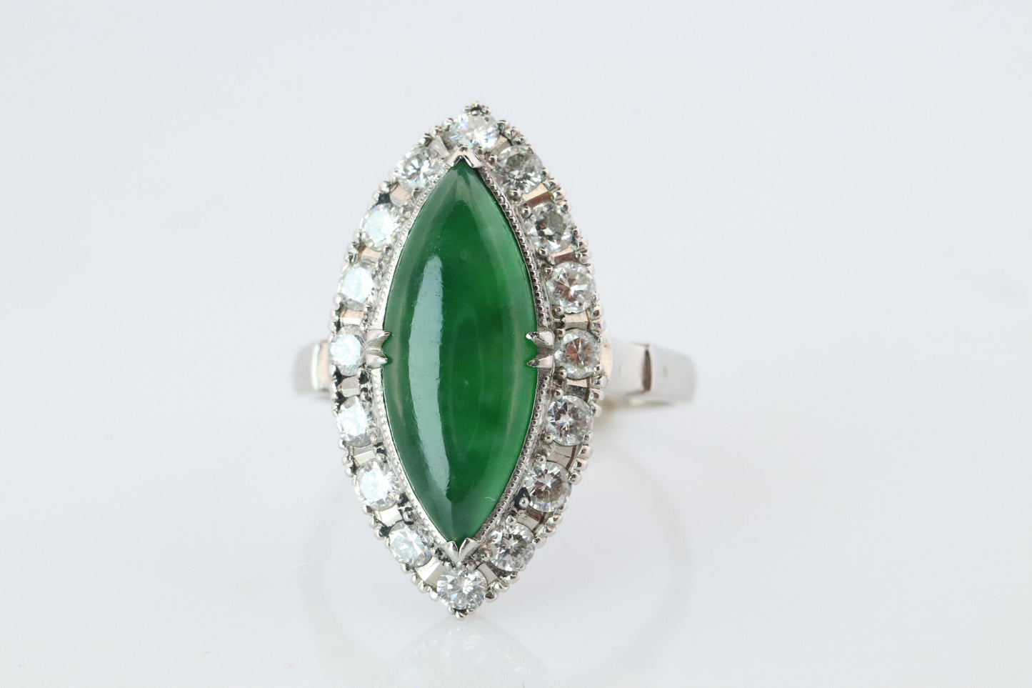 Jade shield ring. Platinum Shield Ring Jade Cabochon and Diamond wide band