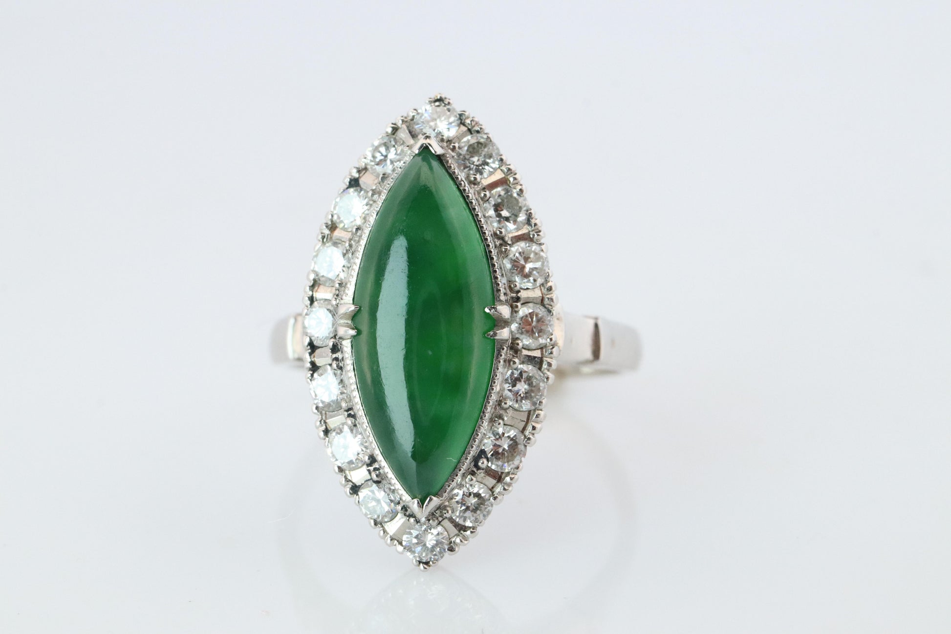 Jade shield ring. Platinum Shield Ring Jade Cabochon and Diamond wide band