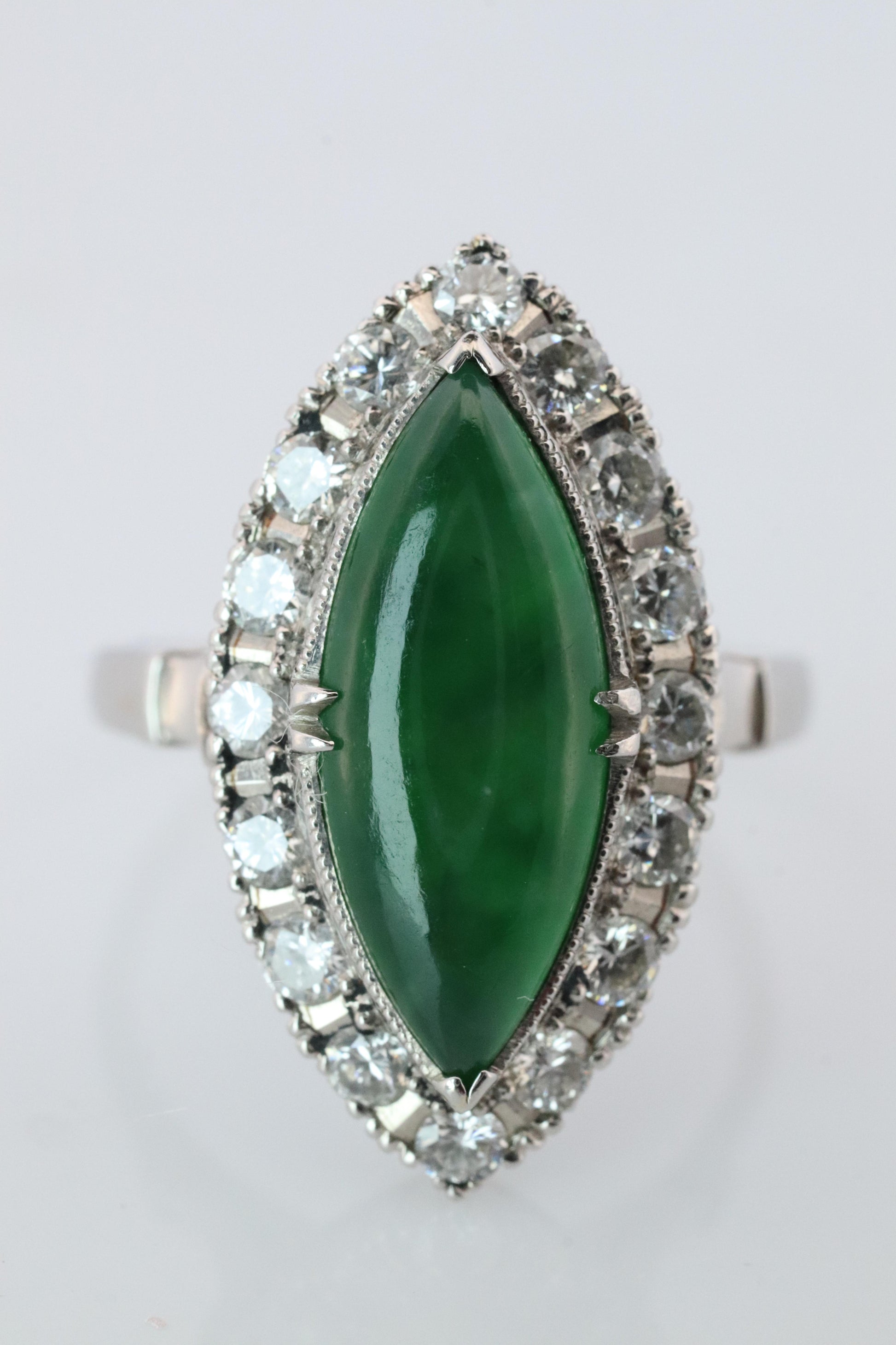 Jade shield ring. Platinum Shield Ring Jade Cabochon and Diamond wide band