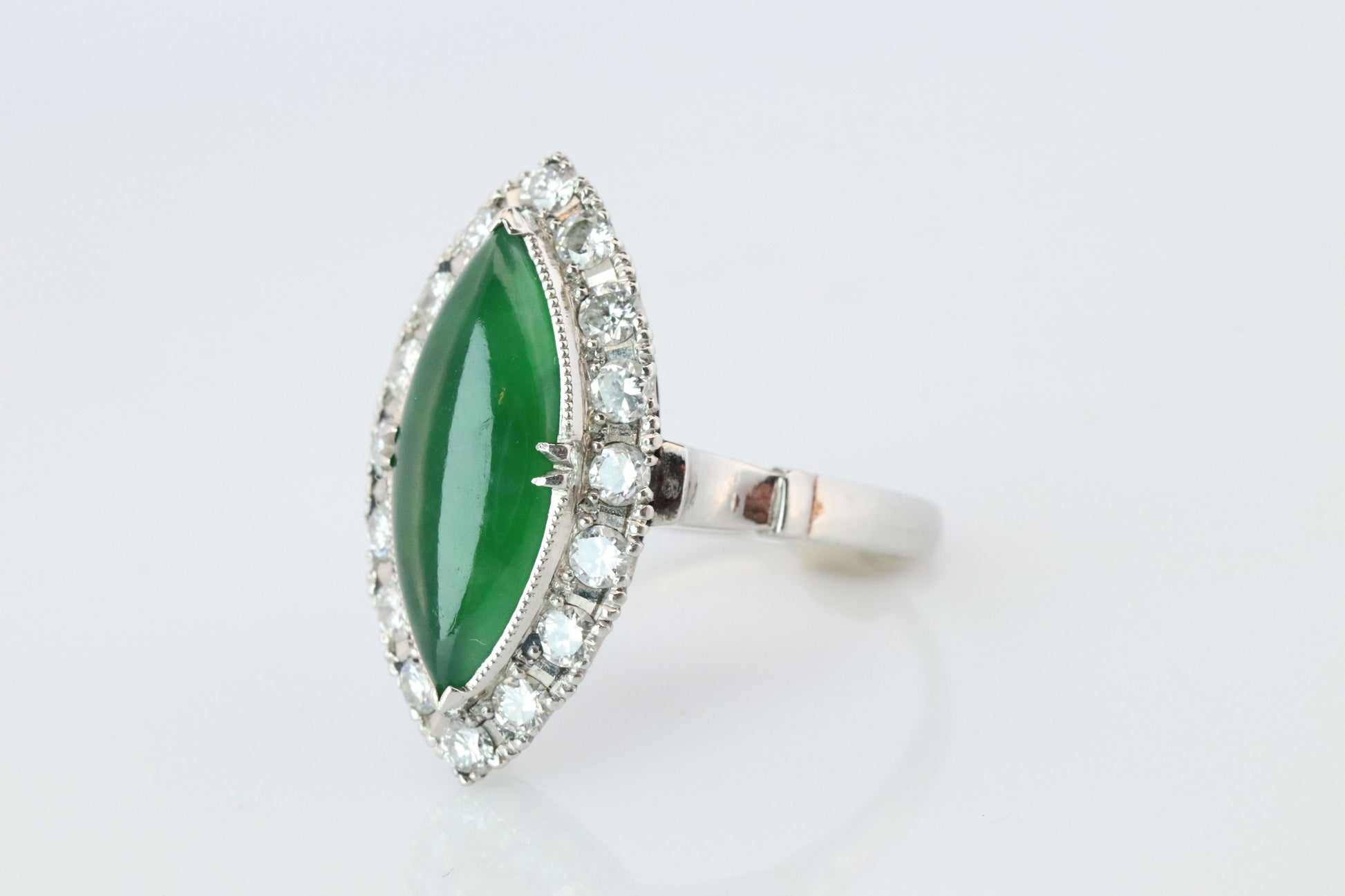 Jade shield ring. Platinum Shield Ring Jade Cabochon and Diamond wide band