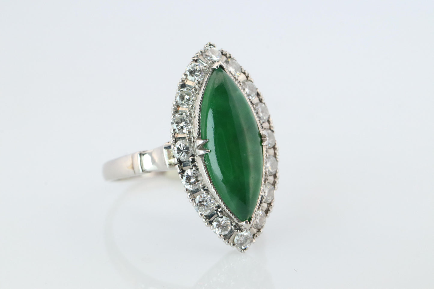 Jade shield ring. Platinum Shield Ring Jade Cabochon and Diamond wide band
